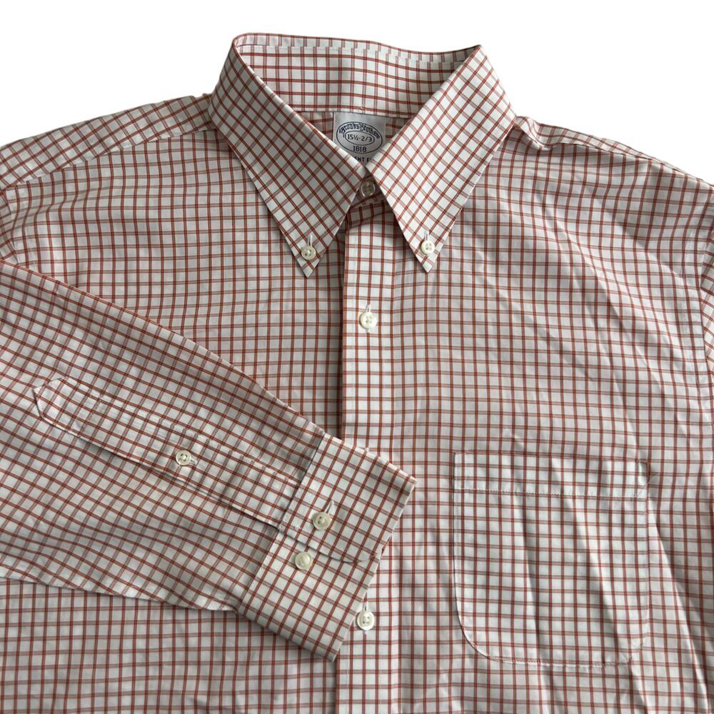 Brooks Brothers Men's 15 1/2 Med Regent Fit Orange White‎ Check Button Up Shirt